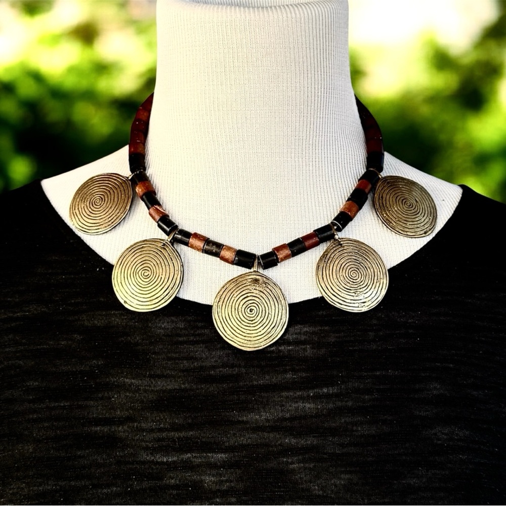 Vintage Brass Sun Spiral Disc Necklace w/ Horn & Bone Tuareg Style Made in India